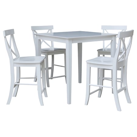 International Concepts Square 36 in x 36 in CounterHeight Dining Table, 4 X-Back Stools, White, 36 in W, 36 in L, 36 in H K08-3636-S6132-4